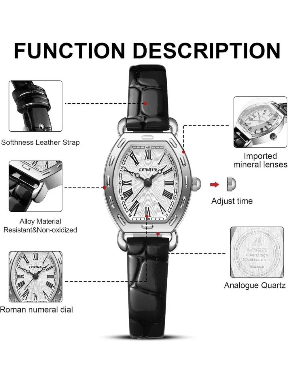 Ln Lenqin Womens Black And Silver Analog Quartz Leather Strap Waterproof Watch